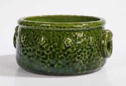 Bretby green glazed pottery jardinière, modelled as a metal cauldron with beaten effect