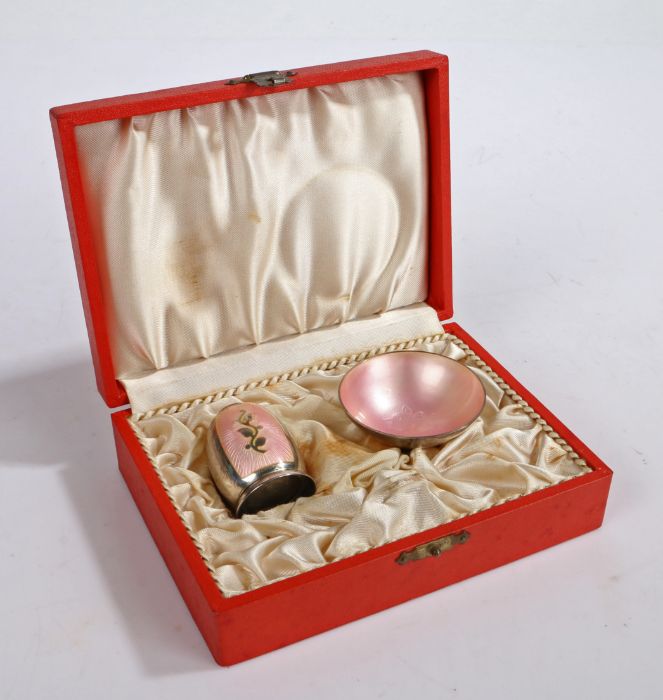 Volmer Bahner Danish silver and puce enamel decorated condiment set, consisting of salt and