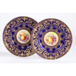 Pair of Royal Worcester porcelain plates hand decorated by T. Nutt and R. Price, the blue ground