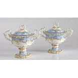 Pair of Chamberlains Worcester sauce tureens and covers, the scroll moulded pierced finials above