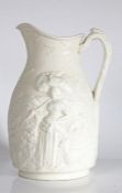 A large mid 19th Century relief moulded jug, by E W Walley, with the Harvest scene, registered 1858,