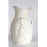 A large mid 19th Century relief moulded jug, by E W Walley, with the Harvest scene, registered 1858,