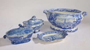 19th Century blue and white transfer decorated tureen, decorated with a townscape, 19th Century blue