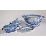 19th Century blue and white transfer decorated tureen, decorated with a townscape, 19th Century blue