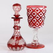 19th Century Bohemian glass spirit perfume bottle and stopper, the red and clear glass body with