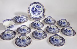 Grainger & Co Worcester part service, in blue transfer pagoda design, to include ten cups, ten