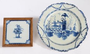 Late 18th Century pearlware plate, with an Oriental scene to the centre, 25cm diameter, restoration,