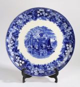 Wedgwood Ferrara charger, the blue and white transfer decoration depicting ships with buildings