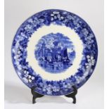 Wedgwood Ferrara charger, the blue and white transfer decoration depicting ships with buildings