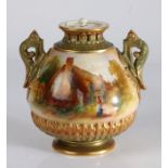 Royal Worcester vase, the pierced moulded neck flanked by two pierced canthus leaf handles, the body