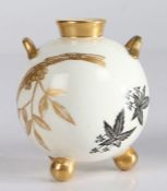 19th Century Royal Worcester porcelain vase, or orb form with gilt tapering neck and twin handles,