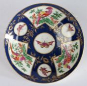 First period Worcester dish, the blue and gilt stylised foliate ground with fan shaped panels