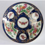 First period Worcester dish, the blue and gilt stylised foliate ground with fan shaped panels