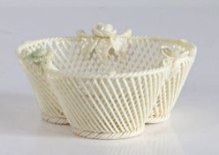 Belleek three strand shamrock basket, circa 1865-1890, the trefoil shaped dish with three stylised