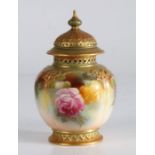 Royal Worcester vase and cover, the moulded domed lid with gadrooned finial, the pierced rim above a