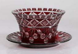 19th Century Bohemian glass bowl and similar plate, the bowl with red and clear glass body decorated