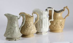 Four early to mid 19th Century relief moulded jugs, circa 1830-1850, the first depicting a smoking