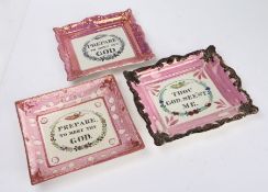 Three Victorian Sunderland lustre plaques, all with religious text "Prepare To Meet Thy God" and "