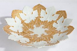 Dresden porcelain dish, modelled as overlapping gilt and white leaves, blue crossed swords mark to