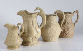 Four early to mid 19th Century relief moulded jugs, circa 1830-1850, the first by C J Mason 1845-50,