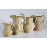 Four early to mid 19th Century relief moulded jugs, circa 1830-1850, the first by C J Mason 1845-50,