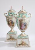 A large pair of Dresden porcelain vases and covers, depicting courting couples outlined in gilt,