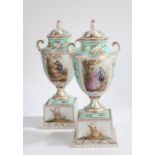 A large pair of Dresden porcelain vases and covers, depicting courting couples outlined in gilt,