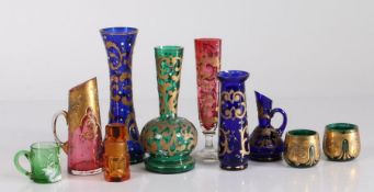 Bohemia glass ware, to include green, ruby and blue glass vases, blue glass ewer, scent bottle,