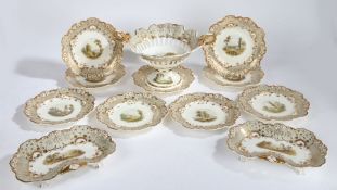 19th century Davenport porcelain part dessert service, circa 1830-40, hand painted with country