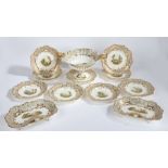 19th century Davenport porcelain part dessert service, circa 1830-40, hand painted with country