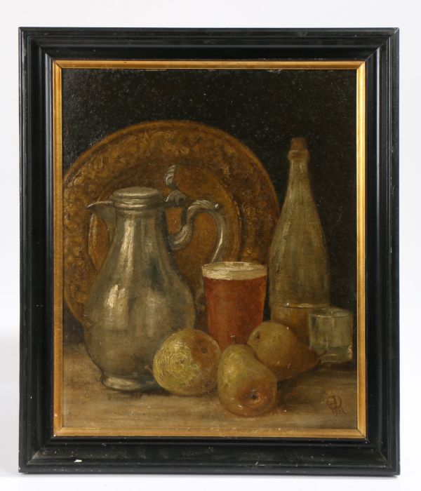 British School (early 20th century) Still life with pears, ale and pewter jug, monogrammed AD and - Image 2 of 2