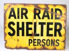 A WWII enamel air raid shelter sign, black on yellow background, 82cm x 111cm