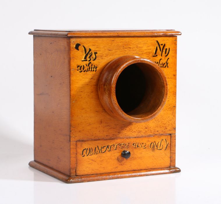 An Edwardian mahogany club ballot box by George Kenning & Son of London, the box with the text