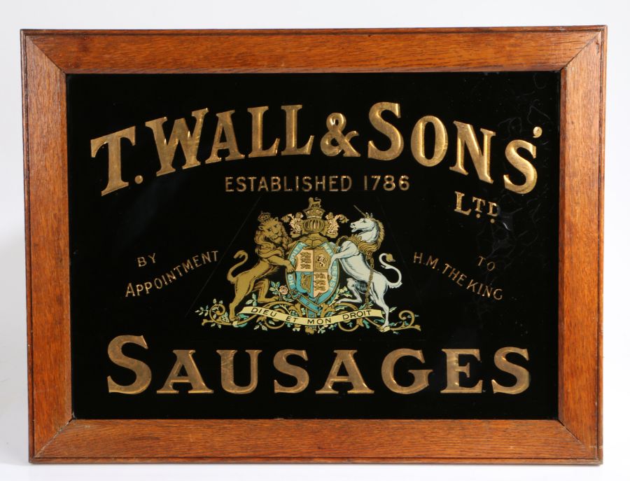 Edwardian reverse glass painted T Wall and Sons Sausages shop advertising sign, 'T.WALL & SONS