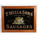 Edwardian reverse glass painted T Wall and Sons Sausages shop advertising sign, 'T.WALL & SONS