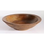 A George III Welsh turned sycamore cawl bowl, ring detail to everted rim and sides, circular flat