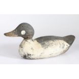 An early 20th century English wooden 'Goldeneye' decoy duck, painted in black/grey & white, 39cm