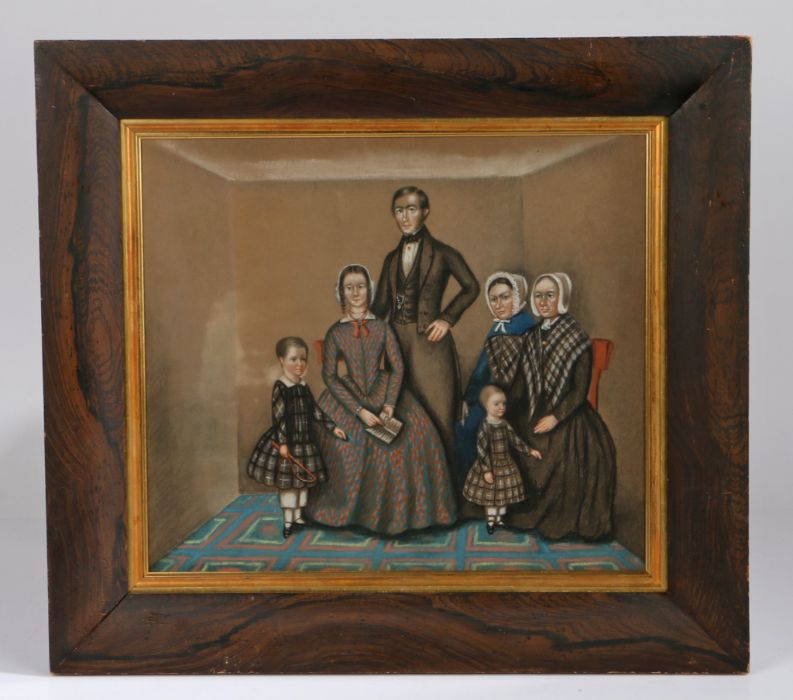 Naive Scottish School (19th century) Family portrait, group of six, comprising husband & wife, two