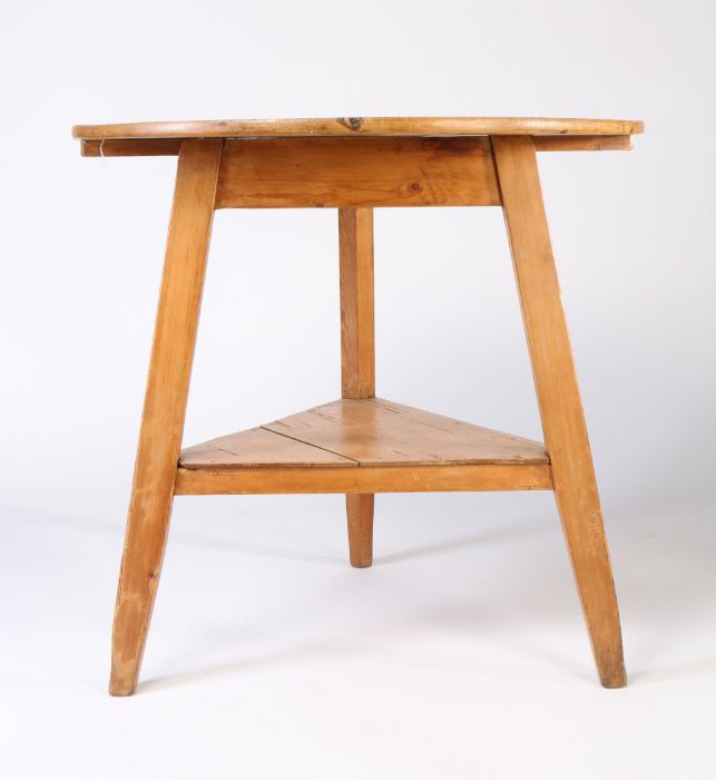 A 19th Century pine cricket table, circular plank top raised on three square tapered legs, with - Image 2 of 2