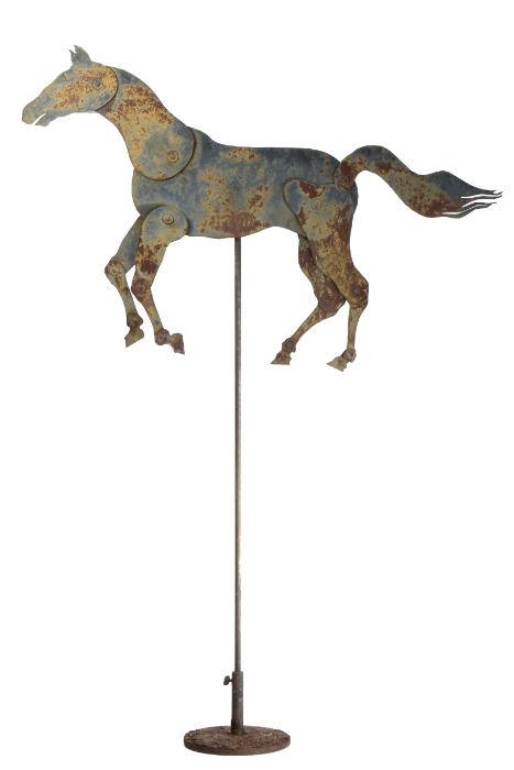 A 20th Century Folk Art painted metal horse sign, with articulated limbs, on stand, 138cm high.