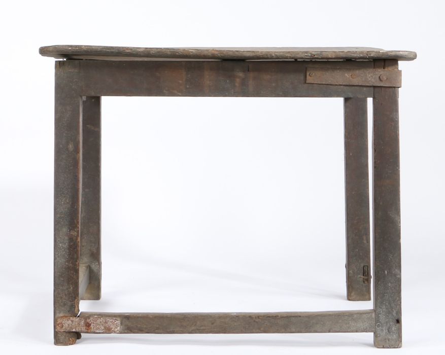 19th Century rustic/primitive centre table, with rustic repairs, the two plank top above rectangular