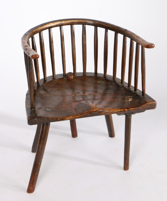 A George III ash stick back armchair, the curved armrest on spindle supports, saddle seat, on four - Image 3 of 3