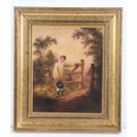 British School (early 19th century) Country boy by three-bar gate, in mountainous landscape,