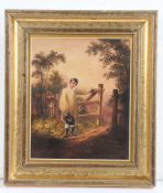 British School (early 19th century) Country boy by three-bar gate, in mountainous landscape,