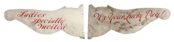 A pair of English Folk Art fairground shaped wooden signs, painted on both sides 'Try again/It's