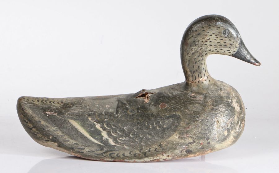 A late 19th century painted wooden decoy duck, speckled & flecked plumage, 30cm long.