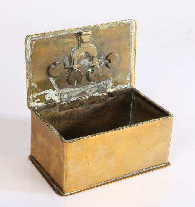 Unusual 19th Century brass combination table tobacco box, the rectangular lid with four locking - Image 3 of 3