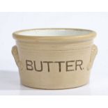 Rare 4lb late 19th Century dairy or grocer shop butter crock, marked BUTTER  and flanked by handles,