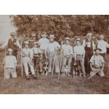 Of Suffolk interest: a sepia photograph of farmworkers, circa 1900, 15cm x 20cm.