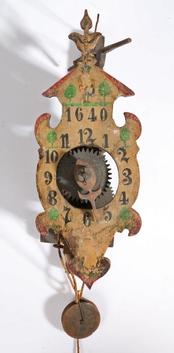 A Black Forest wooden wall clock, single-train weight driven movement, fret-cut painted Arabic dial,
